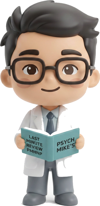 Psych Mike — the Last-Minute Review mascot holding the PMHNP study book